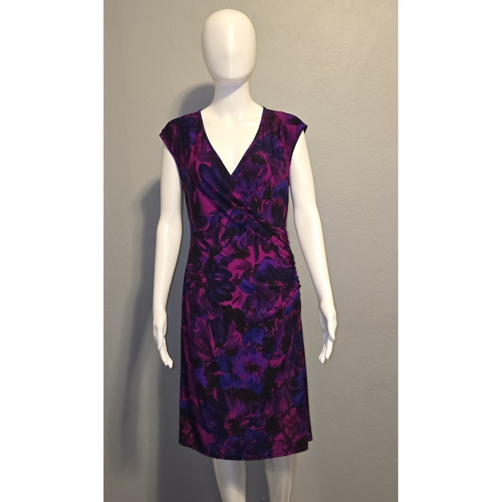Chaps Floral Purple Pink Faux Wrap Dress Ruched Garden Romantic Wedding Sz M